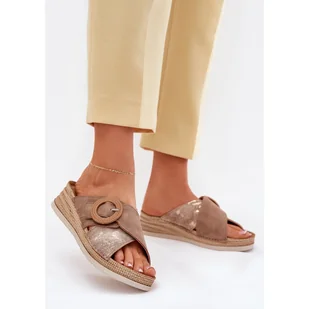 Klapki Damskie Na Koturnie Z Ozdobną Klamrą Inblu RV000012 Brązowe - Klapki i japonki damskie - miniaturka - grafika 1