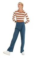 Spodnie damskie - Trendyol Spodnie damskie z wysokim stanem z szerokimi nogawkami, Turkusowy niebieski, 38 - miniaturka - grafika 1