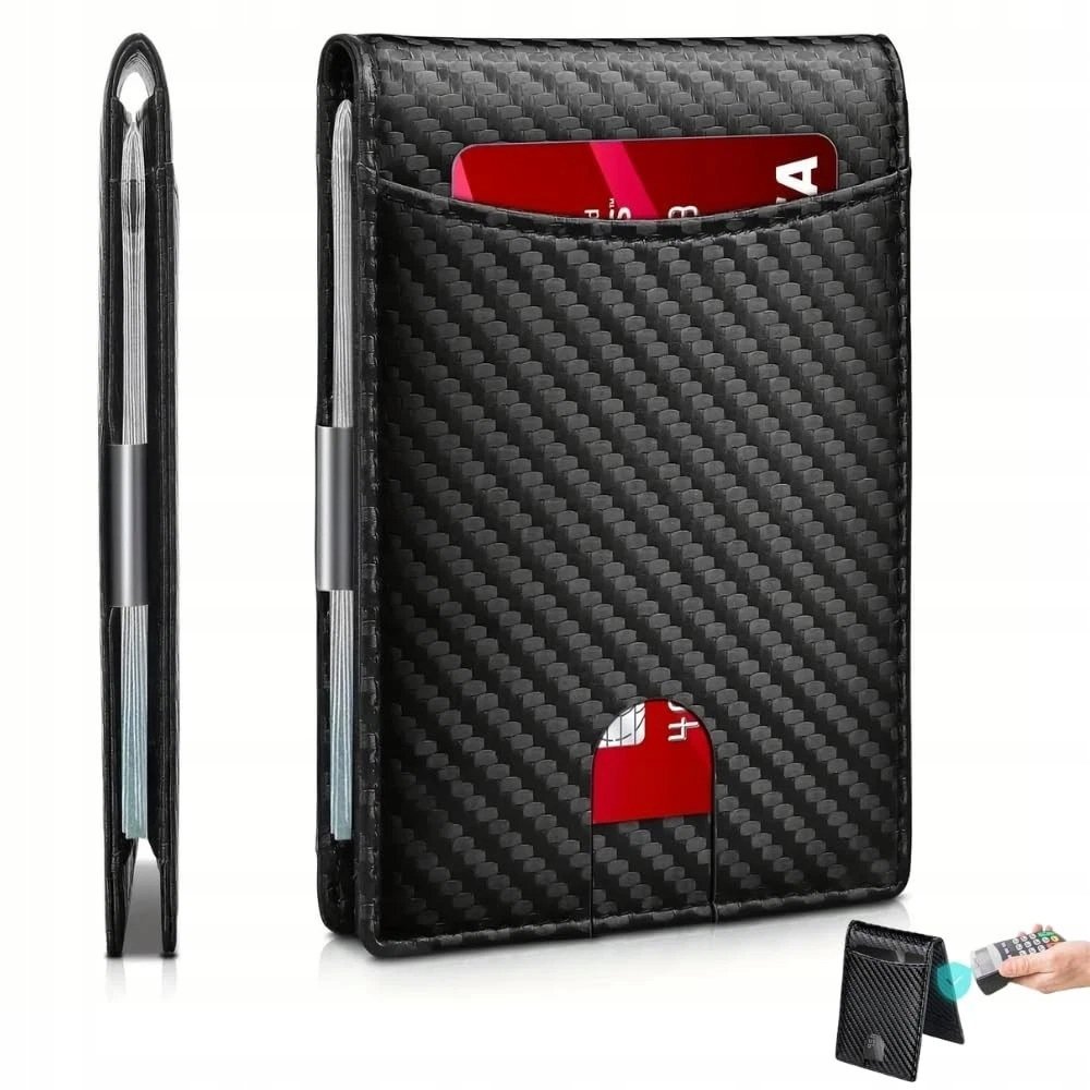 Męski Portfel Skórzany Slim skóra carbon Klips RFID Karty Drobne Elegancki