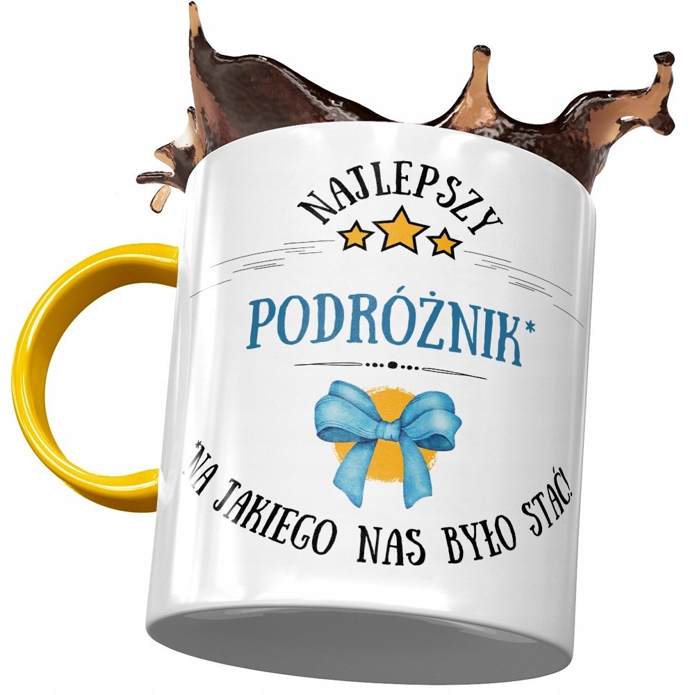 Kubek Żółty Dla Podróżnika Najlepszy Podróżnik z Nadrukiem ze Zdjęciem + Opakowanie na prezent (wzór 01)