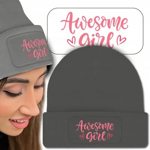 Ciepła Czapka Zimowa Szara AWESOME GIRL Modne Wz - Czapki dla dzieci - miniaturka - grafika 1