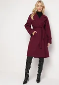 Płaszcze damskie - Ciemnofioletowy Płaszcz Niezapinany Wiązany Materiałowym Paskiem w Talii z Kieszeniami i Kołnierzem Neeraja - miniaturka - grafika 1