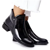 Botki damskie - Płaskie Botki Ocieplane Lakierowane Sergio Leone BT540 Czarne - miniaturka - grafika 1