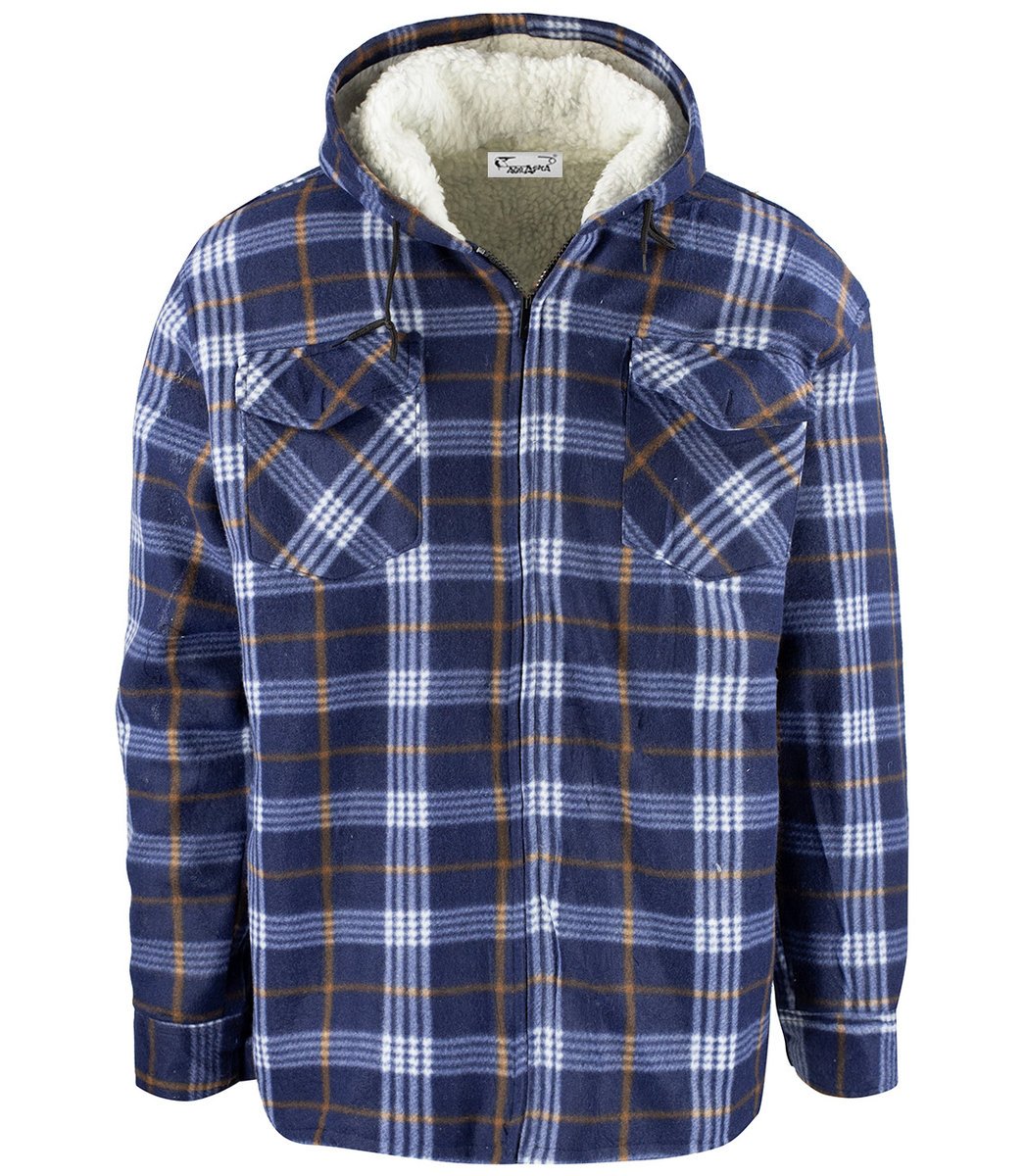 Ciepła polarowa koszula męska w kratę z kapturem ocieplana futerkiem-L