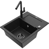 Zlewozmywaki z baterią - Mexen Enzo zlewozmywak granitowy 1-komorowy z ociekaczem i baterią kuchenną Flora, czarny/srebrny metalik - miniaturka - grafika 1