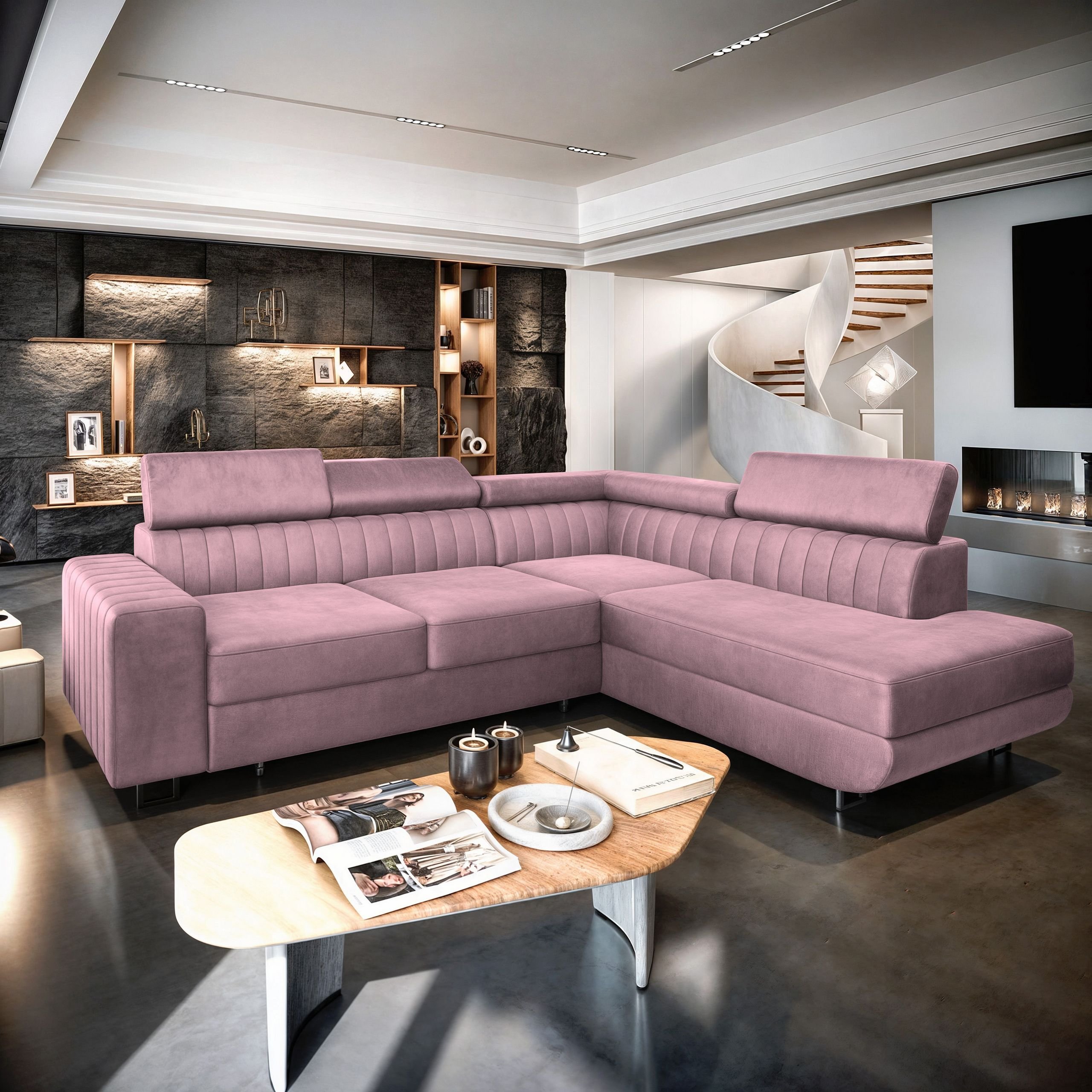 Masseno Narożnik NOLA R-S z funkcją spania i pojemnikiem na pościel Kształt L, Rozkładana sofa, Rogówka - Pudrowy róż, MONOLITH 62