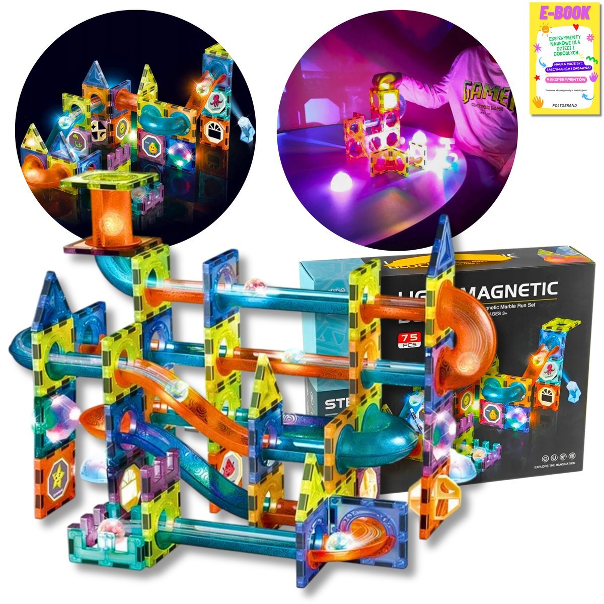 KLOCKI DLA DZIECKA DUŻY ZESTAW KLOCKI MAGNETYCZNE KONSTRUKCYJNE EDUKACYJNE ZESTAW 75EL DUŻE PANELE 3D PREZENT DLA DZIECI + EBOOK