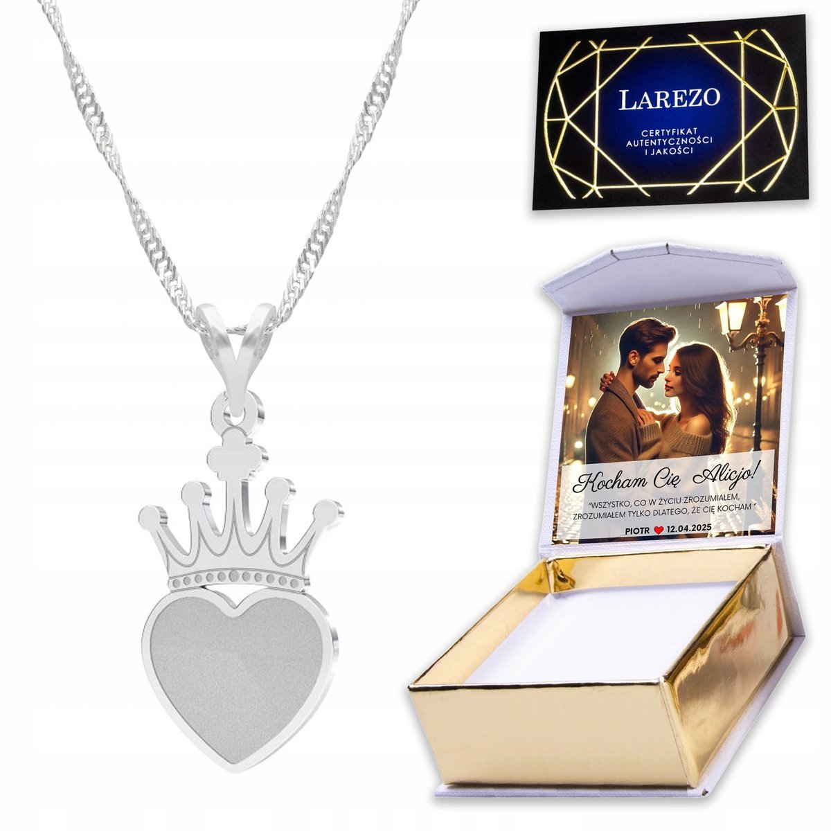 Naszyjnik Srebrny 925 Serce Heart Serduszko Miłość Kształt Love + NADRUK