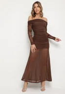 Sukienki - Brązowa Taliowana Sukienka Typu Hiszpanka z Transparentnymi Wstawkami Halacia - miniaturka - grafika 1