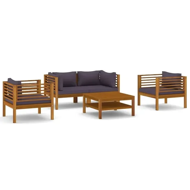 Zestaw mebli wypoczynkowych z akacji, ciemnoszare poduszki, stół 65x65x35