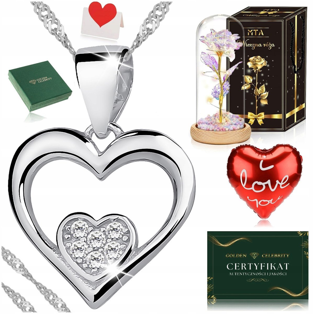 Piękny Srebrny Naszyjnik Z Sercem 925 + Róża Wieczna Prezent Dla Żony Córki