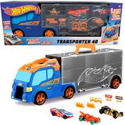 Samochody i pojazdy dla dzieci - Hot Wheels Ciężarówka Transporter + 3 autka i akcesoria drogowe - miniaturka - grafika 1