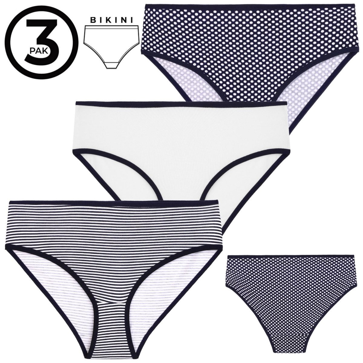 Majtki figi damskie bawełniane w kropki i paski 3-pak XL