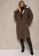 Kurtki damskie - Brązowa Pikowana Kurtka o Długim Kroju z Odpinanym Kapturem i Kieszeniami Etanore - miniaturka - grafika 1