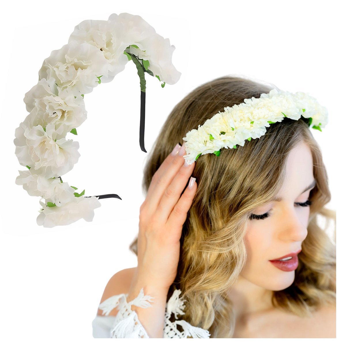 Opaska Wianek do Włosów Białą na Głowę Szeroka z Kwiatami Duży i Wygodny