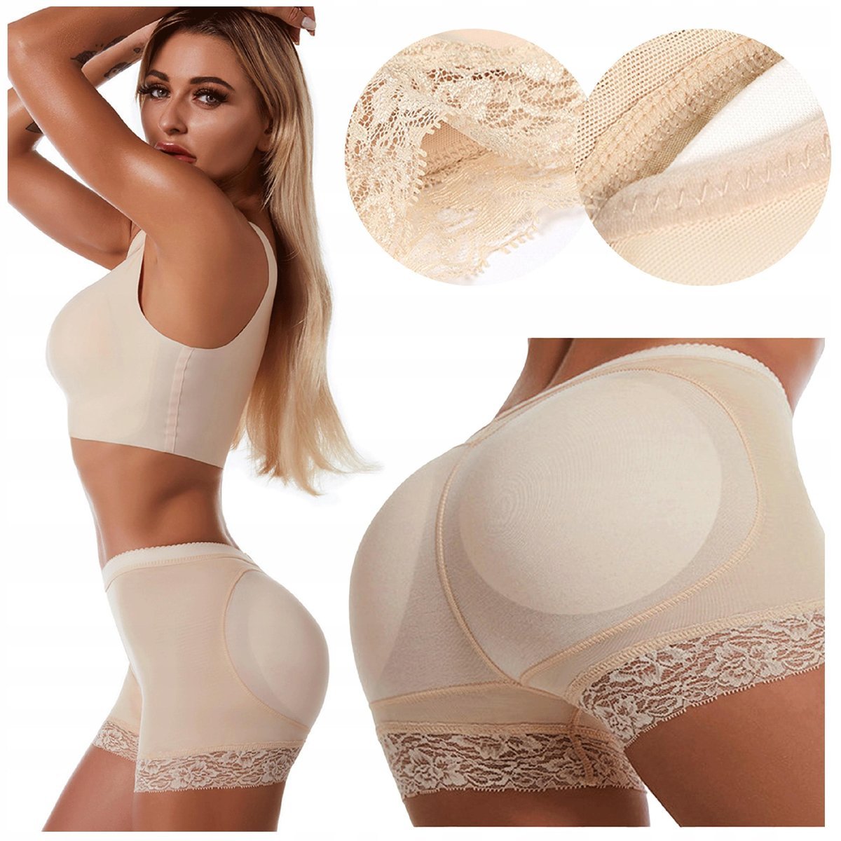 MAJTKI PUSH UP Figi Modelujące Damskie Wysoki Stan L Powiększające Pupę Beż