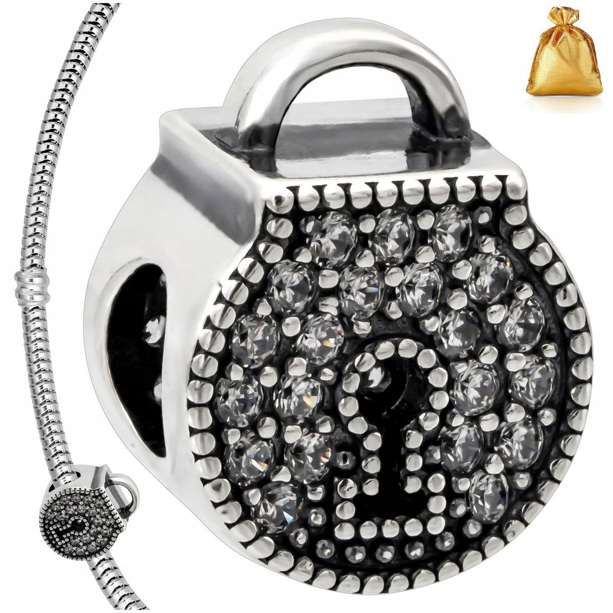 Srebrny Charms Zawieszka Kłódka Z Cyrkoniami Srebro Próba 925 Rodowany