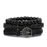 Bransolety męskie - 3X BRANSOLETKA SKÓRZANA MĘSKA ELEGANCKA KORALIKI DRZEWO RZEMYK ZESTAW MEN - BRA-MEN-DRZ-CZA - miniaturka - grafika 1