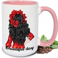 Kubki - Kubek DUŻY BIAŁY Beautiful Day RÓŻÓWE UCHO I WNĘTRZE PIĘKNE WIELE WZORÓW - miniaturka - grafika 1