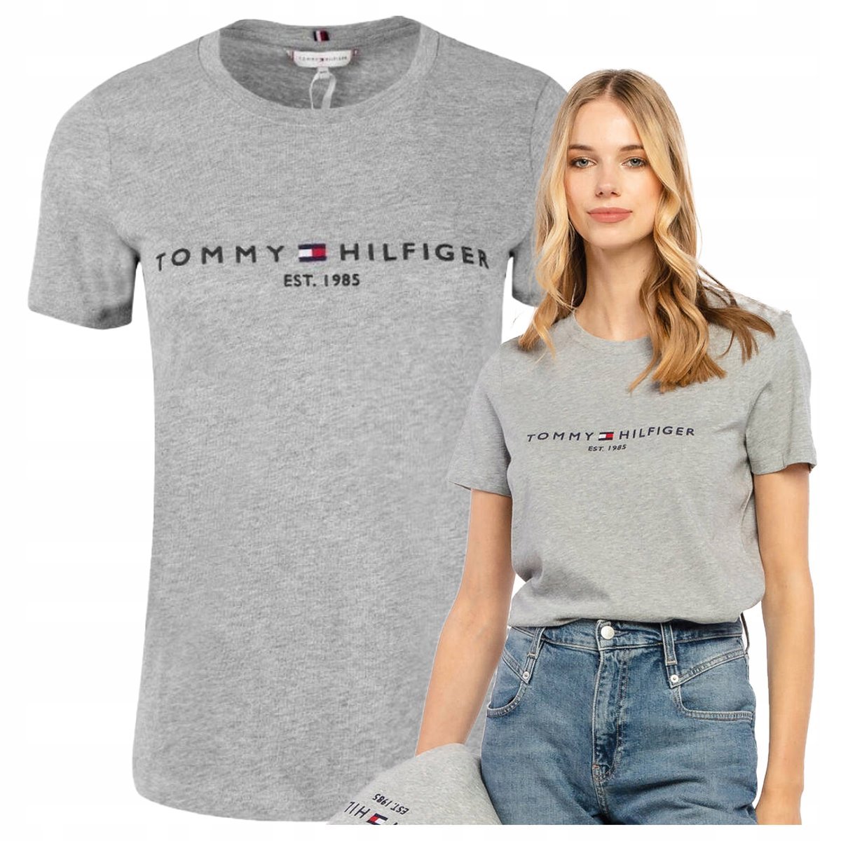 Tommy Hilfiger Koszulka Damska Bawełniana Szara T-shirt Sportowa Premium M