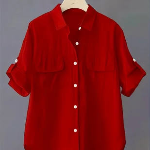 TEMU Stylowa czerwona bluzka damską z krótkim rękawem, marszczonym brzegiem i detalami guzikowymi - lekka koszula letnia do codziennego użytku lub do - Koszule damskie - miniaturka - grafika 1