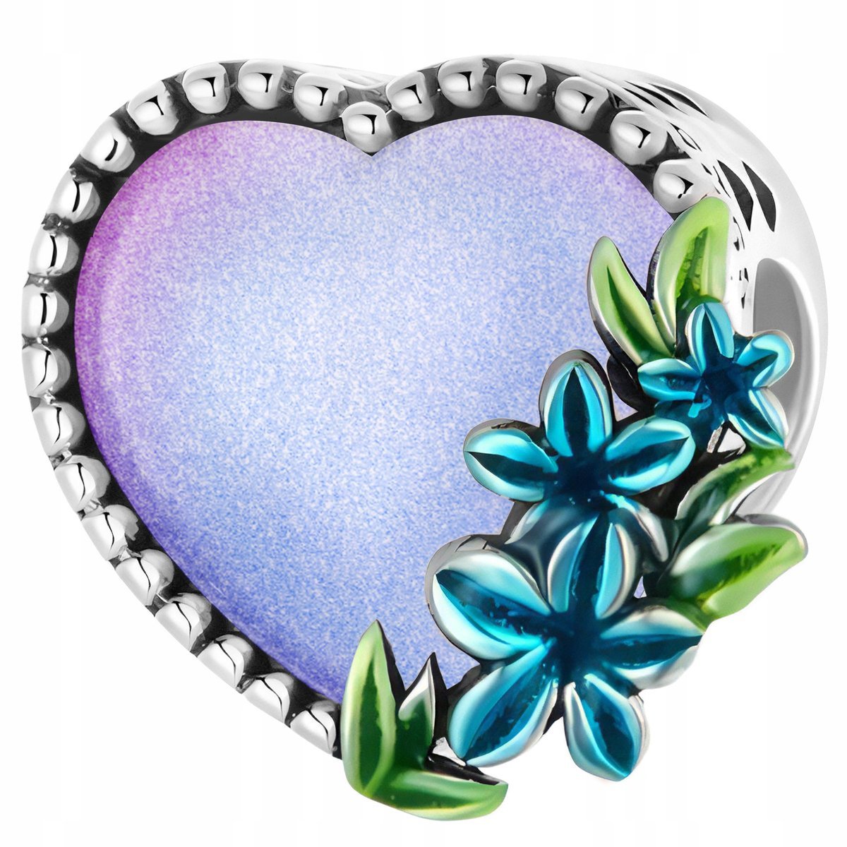 Charms Srebrny Brokatowe Lśniące Serce z Kwiatami Serduszko SREBRO 925