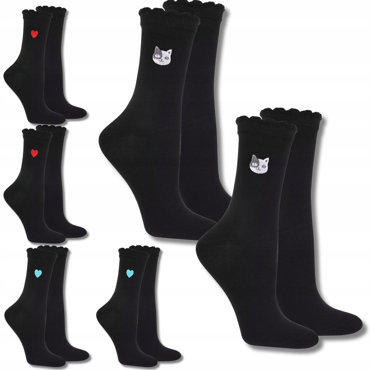 SKARPETKI DAMSKIE HAFT KOT SERCA CZARNE SKARPETY WYSOKIE MORAJ 6PAK 35-38