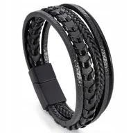Bransolety męskie - BRANSOLETKA MĘSKA SKÓRZANA CZARNA POTRÓJNA RZEMIEŃ STAL - miniaturka - grafika 1