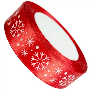 BREWIS Wstążka satynowa 25mmx22m śnieżynki biało/czerwone Brewis - Pasmanteria - miniaturka - grafika 1