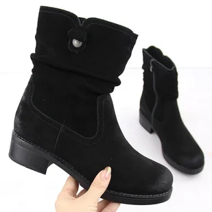 Skórzane botki damskie zamszowe czarne Sergio Leone BT355-S - Botki damskie - miniaturka - grafika 1