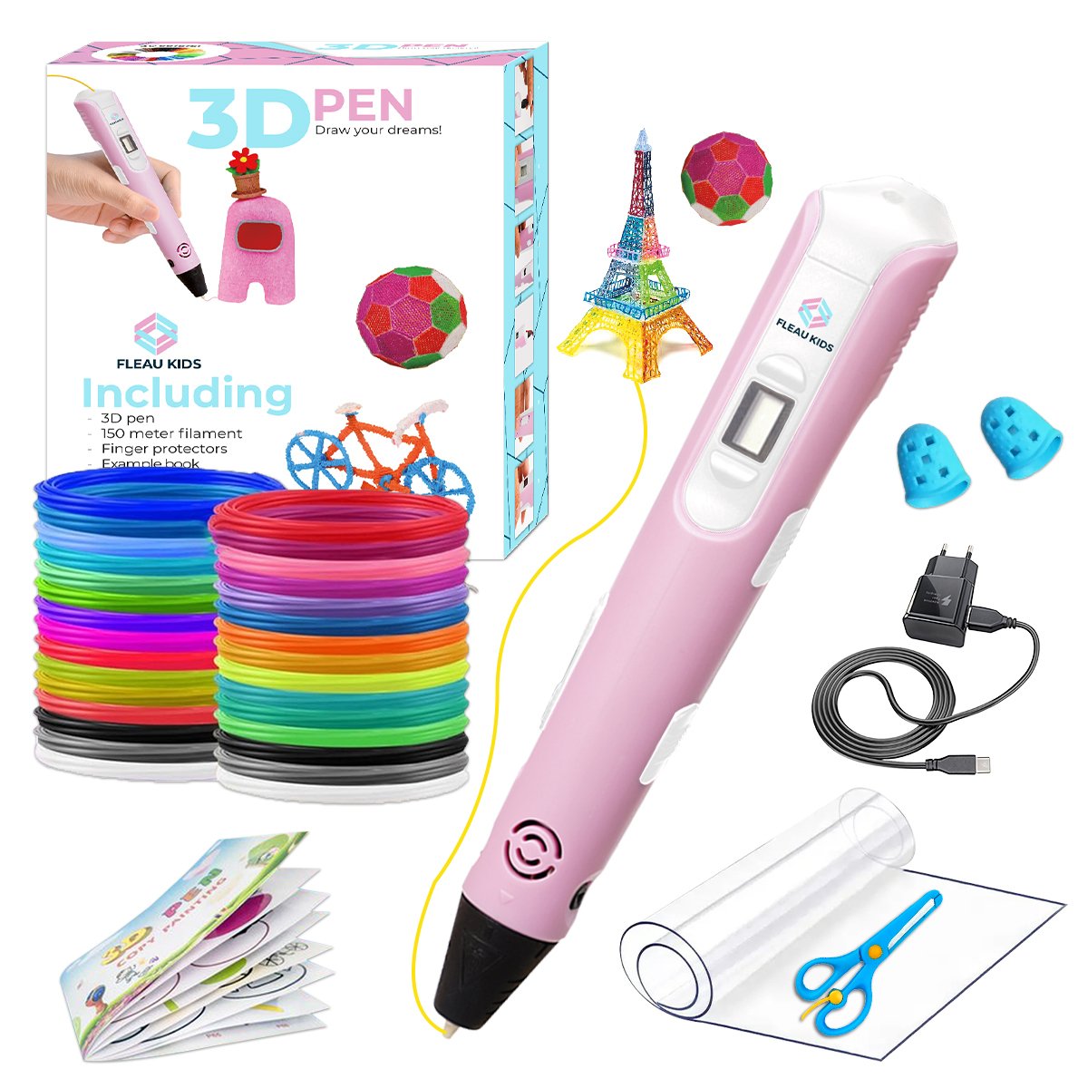 Fleau Kids 3D Pen Długopis Startowy Różowy L - 36m Filamentu - 12 Kolorów - USB-C 2024 + Akcesoria - DIY i Rysowanie - Zestaw 3D Pen