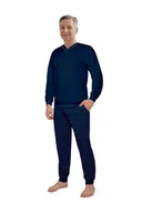 Piżamy damskie - PIŻAMA MĘSKA M DŁUGI RĘKAW DŁUGIE SPODNIE BAWEŁNIANA ELEGANCKA GRANATOWA - miniaturka - grafika 1