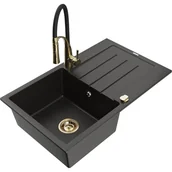 Zlewozmywaki z baterią - Mexen Bruno zlewozmywak granitowy 1-komorowy z ociekaczem i baterią kuchenną Aster, czarny/złoty metalik - miniaturka - grafika 1