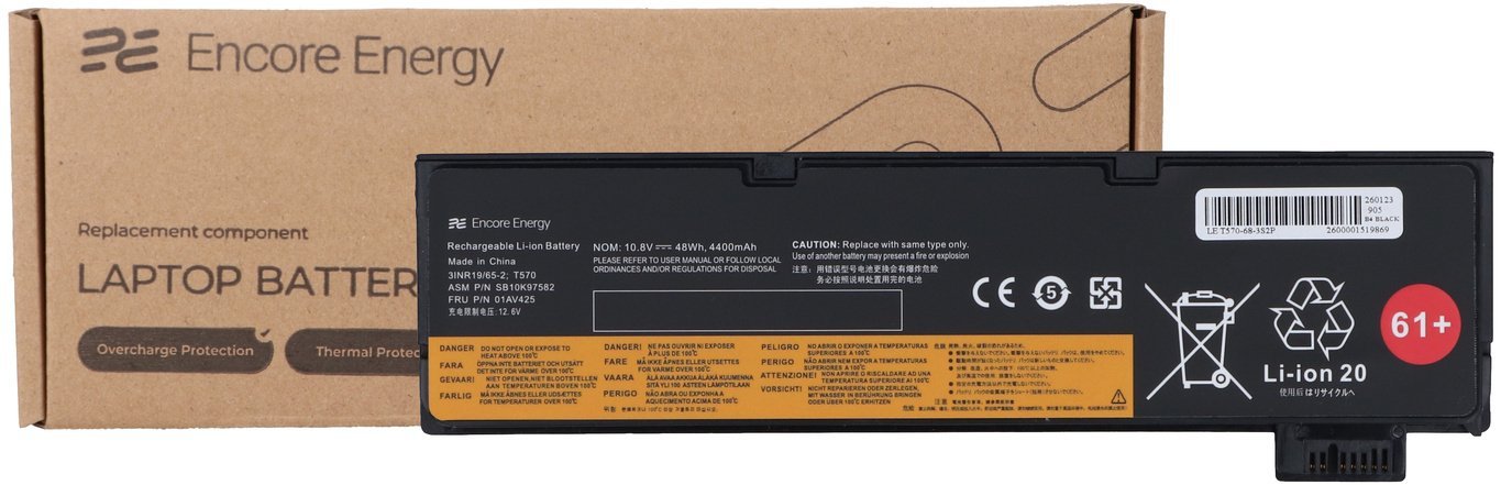 Bateria Encore Energy do Lenovo ThinkPad A475 P51S T25 T470 T570 48Wh 10.8V 4400mAh T570 01AV425