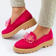 Mokasyny damskie - Fuksjowe zamszowe mokasyny damskie na platformie z kryształami Vinceza - miniaturka - grafika 1