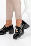 Mokasyny damskie - Czarne mokasyny skórzane damskie na szerokim słupku ze złotym łańcuchem PRODUK POLSKI Casu 20107-39 - miniaturka - grafika 1