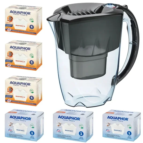 Dzbanek filtrujący AQUAPHOR Amethyst, czarny + zestaw 6 wkładów (3 + 3H)