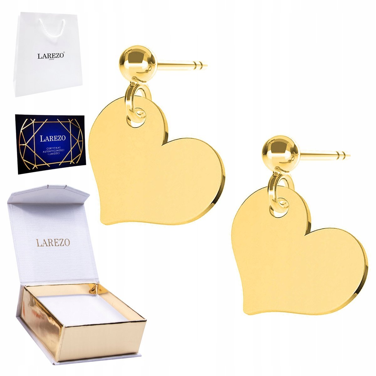 Złote Kolczyki Serca 925 Blaszki z Sercami Serduszko Heart Miłość Love 24K