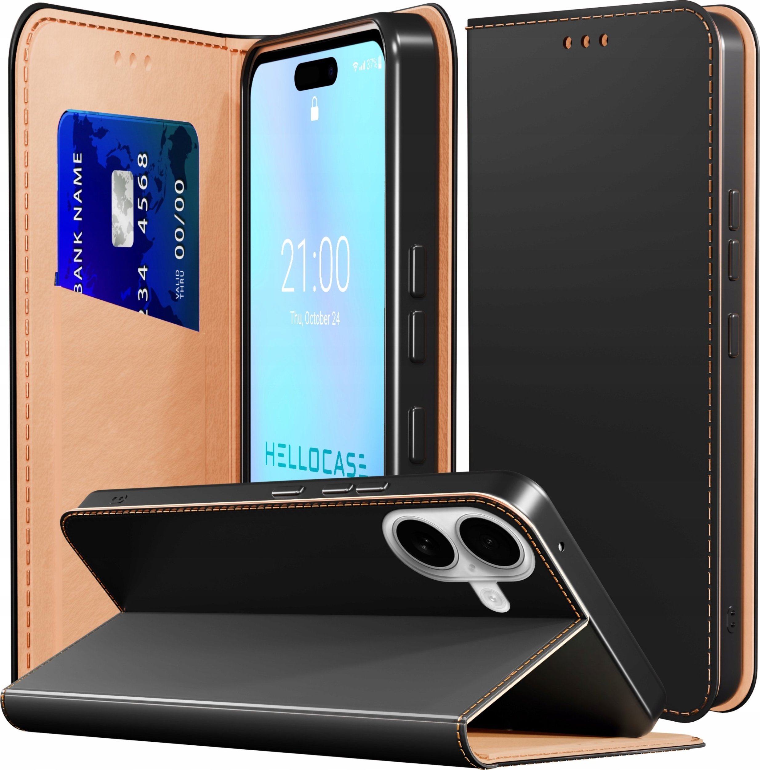 Etui z Klapką do Apple iPhone 16 Plus Skórzane, Zamykane, Czarne, Kabura