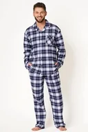 Piżamy męskie - Piżama męska flanelowa w biało-niebieską kratę z rozpinaną koszulą MNS 411 Key - miniaturka - grafika 1