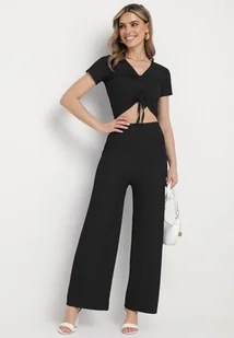 Czarny Komplet Top ze Ściągaczem Spodnie z Szerokimi Nogawkami i Gumką w Pasie Rolana - Komplety damskie - miniaturka - grafika 1