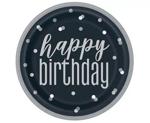 Talerzyki Papierowe Glitz Happy Birthday, 23 Cm, Czarny/Srebrny, 8 Szt. (Plastic-Free) - Dekoracje i nakrycia stołu na imprezę - miniaturka - grafika 1