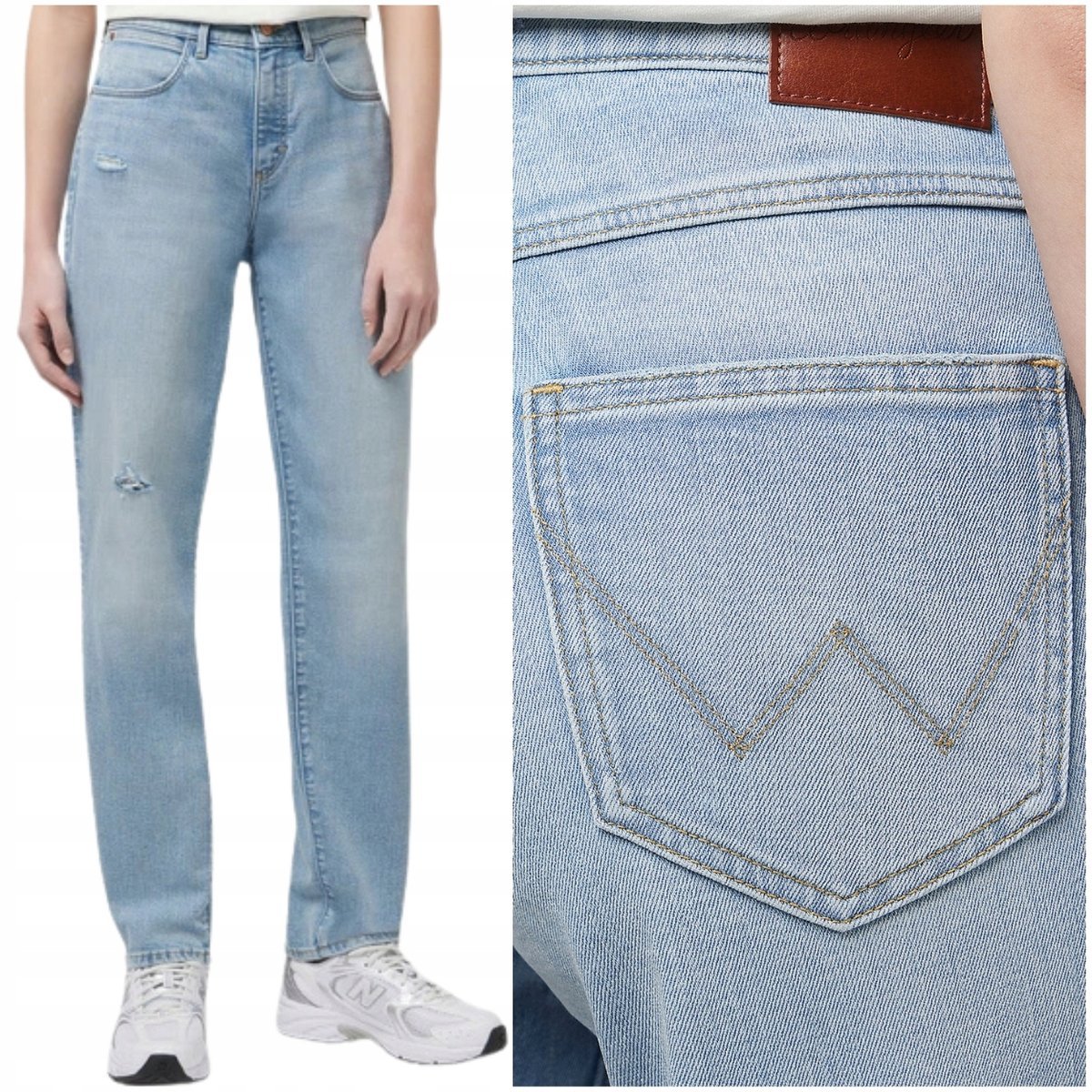 Wrangler STRAIGHT wysokie proste damskie spodnie jeansowe dziury W29 L34