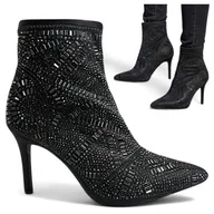 Botki damskie - Botki damskie skarpetkowe Barski szpilki eleganckie elastyczne cyrkonie 40 - miniaturka - grafika 1