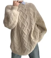 Swetry damskie - Sweter Damski Pleciony Oversize Beżowy - miniaturka - grafika 1