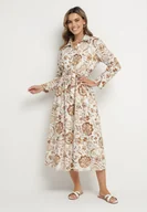 Sukienki - Jasnobeżowa Sukienka Koszulowa z Wiskozy w Kwiaty z Wiązanym Paskiem Lorkia - miniaturka - grafika 1