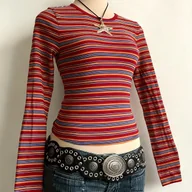 Bluzki damskie - TEMU Elegancka Bluzka Damska z Długim Rękawem i Okrągłym Dekoltem w Paski - Wzór Pionowy lub Poziomy (Wielokolorowa Podstawa), Pranie Maszynowe, - miniaturka - grafika 1