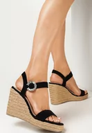 Sandały damskie - Czarne Plecione Sandały na Koturnie z Ozdobną Sprzączką Morye - miniaturka - grafika 1