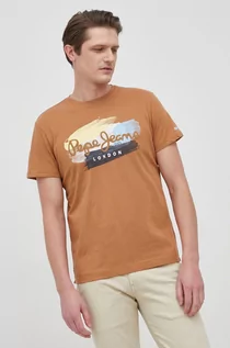 Koszulki męskie - Pepe Jeans t-shirt bawełniany kolor brązowy z nadrukiem - grafika 1
