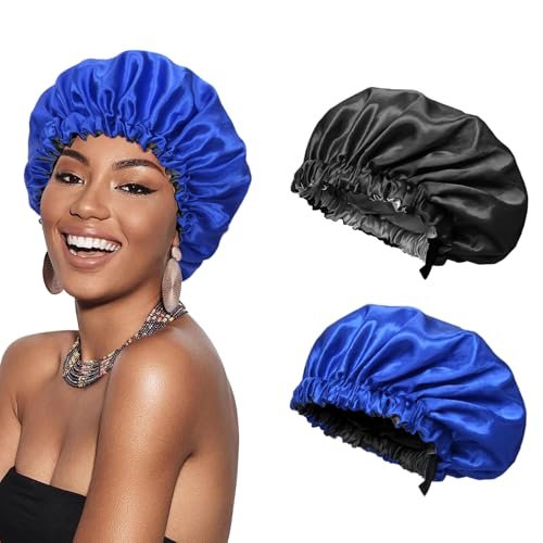 Euqvunn 2Sztuki jedwabna Czapka do Spania, Regulowane z Szeroką Elastyczną Opaską Satynowy Czepek, Dwustronne Dwukolorowe, Ochrona dla Długich/Prostych Włosów (Czarno Niebieski)